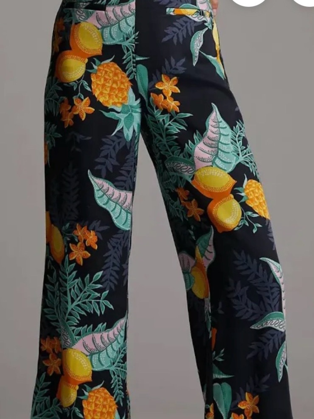 Maeve Black Wide-Leg Tropical Fruit Print Pants with Yellow & Green